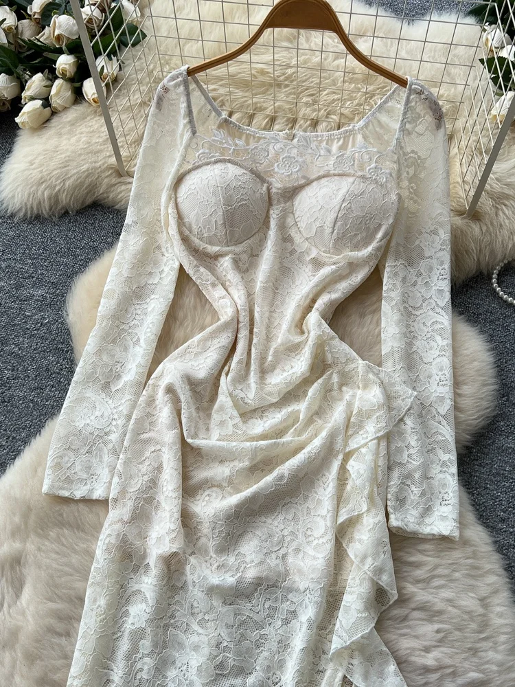 Ele Lace Long Sve Wrap Bodycon Dr. Kleid mit quadratischem Kragen für Damen, Herbst-Design, geteilter A-Linien-Rock mit hoher Taille Dr