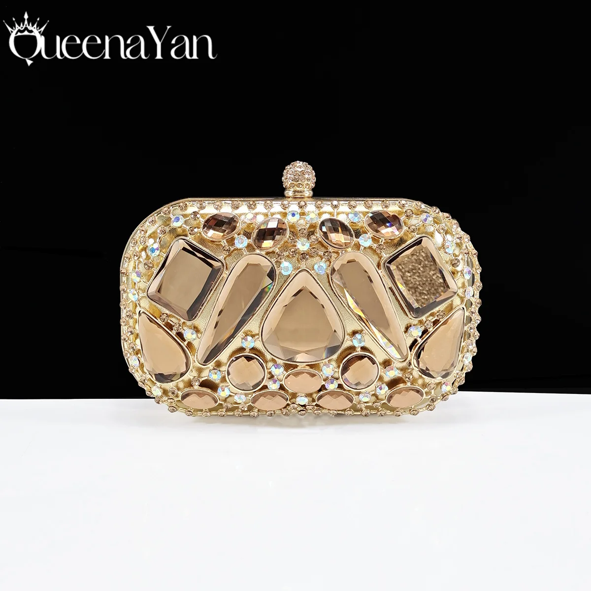 Queena Yan Italian Fashion Breathable Satin Fabric Women's Shoes Gold and Bag Full Rhinestone Decoration Party Handbag