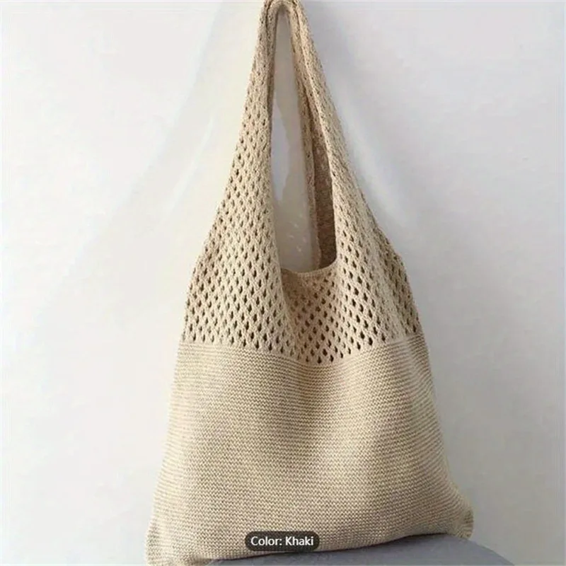 Ästhetische, ausgehöhlte Häkel tasche, Umhängetasche mit großer Kapazität, einfache gestrickte Einkaufstasche für Frauen – Detail 8