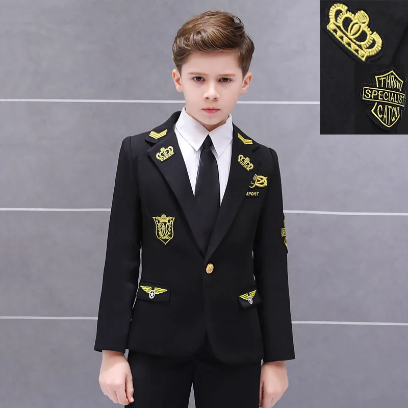 

Children's Captain Performance Suit Set British Style Boys Stage Show Black Crown Catwalk Costume Kids Blazer Pants Clothes Set