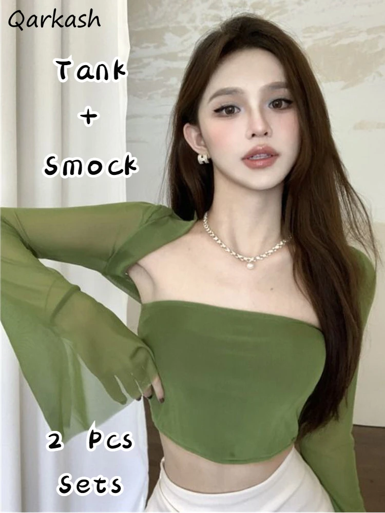 Green 2 Pcs Sets Women Mesh Long Sleeve Smock Blouses Tanks Slim Summer Crop Tops Sexy Solid Korean Style Outfits Casual Retro