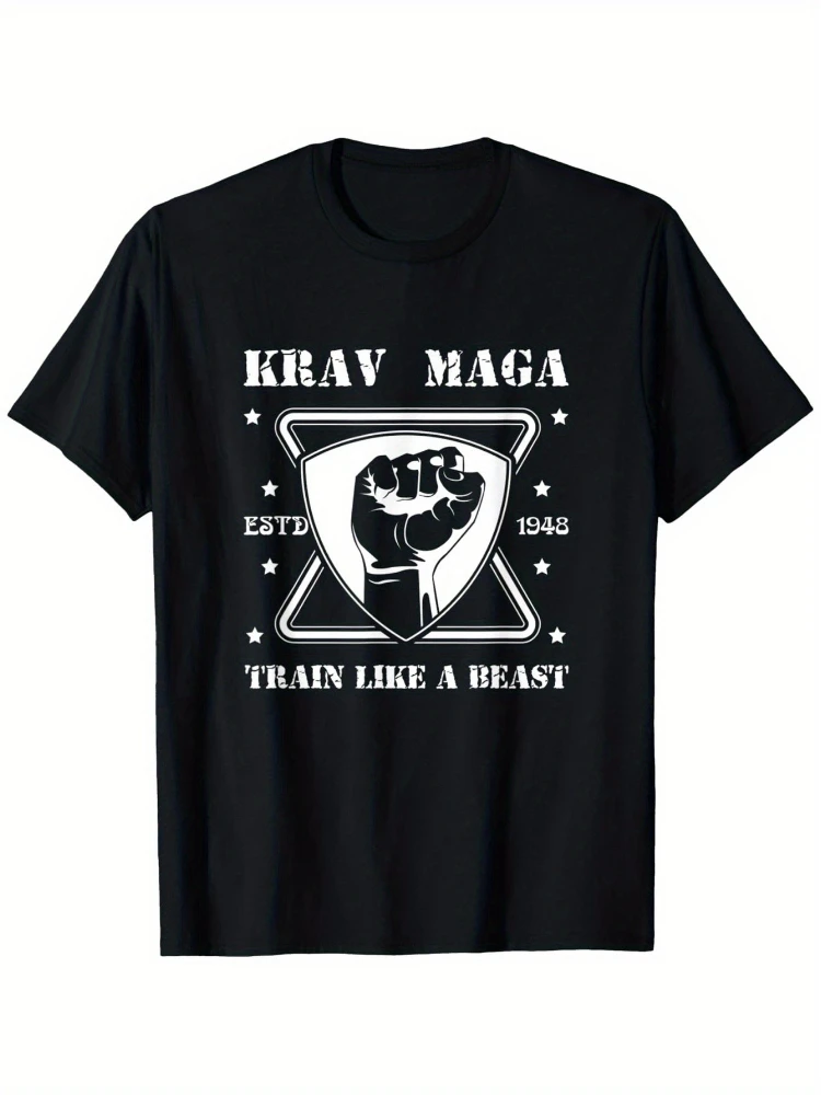 

Krav Maga Train Like A Beast-Martial Arts Graphic with Fist Design-100% cotton O-neck short sleeve casual printed men's T-shirt.