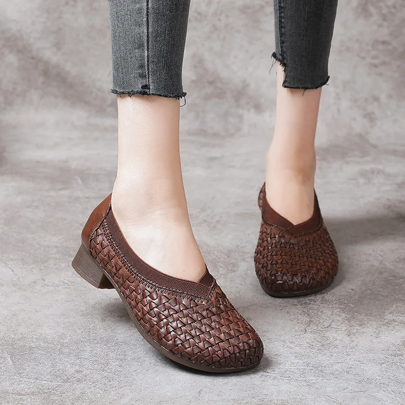 New thick heel soft sole women's cowhide shallow mouth cover and women's foot leather shoes