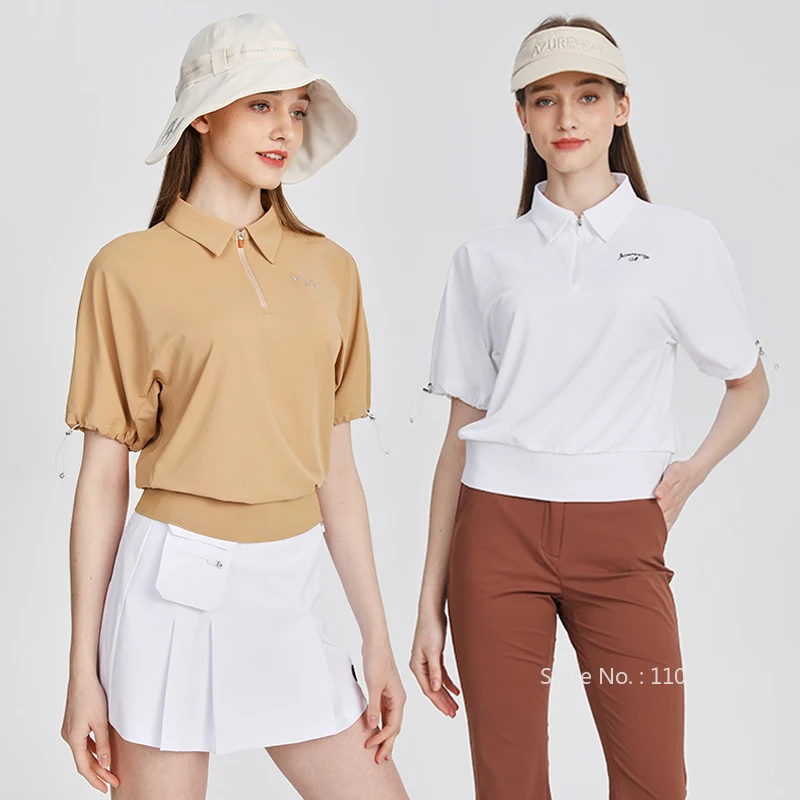 

Azureway Golf Женская свободная футболка с коротким рукавом Спортивный воротник на молнии Повседневный топ для женщин Юбка для гольфа с высокой талией и короткими