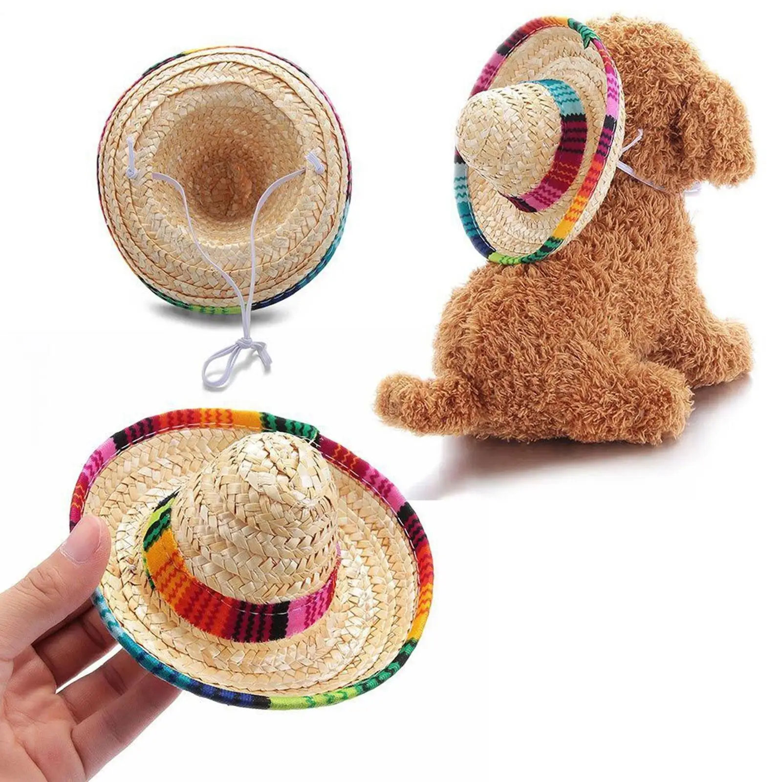 มินิเครื่องแต่งกายสุนัข Sombrero สัตว์เลี้ยงหมวกสัตว์เลี้ยงหมวกสุนัขเม็กซิกันฟางที่มีสีสัน Sombrero เครื่องประดับสัตว์เลี้ยงฟาง Z5b0