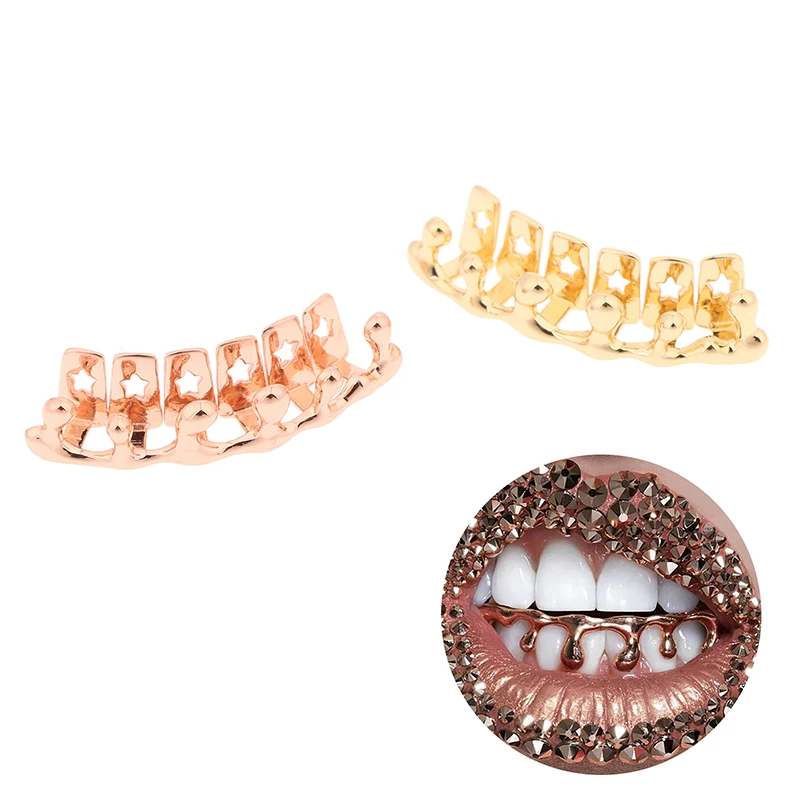 Hip Hop Water Droplet Teeth Grillz Bottom Gold Plated Glossy Tooth Caps For Women Men Body Jewelry Cosplay