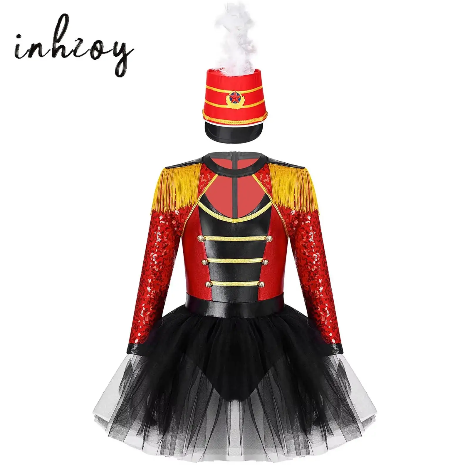 

Sequines Ringmaster Circus Costume Set for Kids Girls Long Sleeve Tutu Leotard Dress with Hat Halloween Dance Party Performance