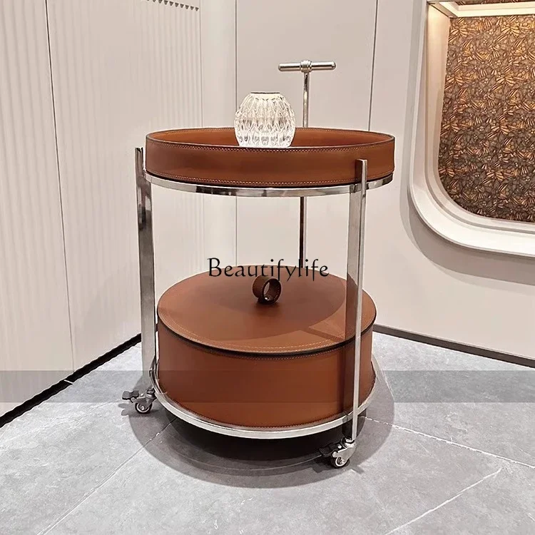 

LJY*Storage side few removable stainless steel saddle leather wine cart snack storage bedside table meal storage