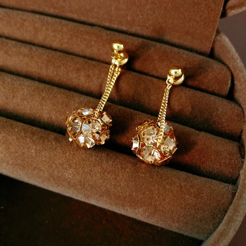 

French Style Two-Wear Sparkling Coffee Color Crystal Ball Tassel Earrings Long Luxury Slimming Face Jewelry