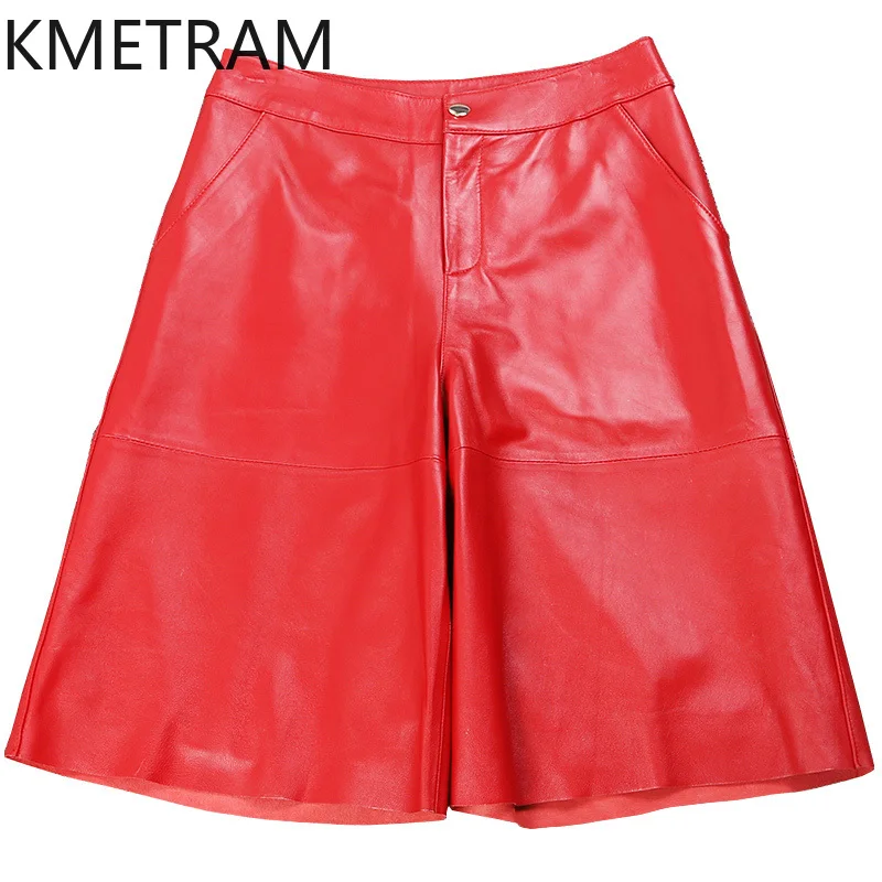 KMETRAM 100% Top Layer of Sheepskin Women Pants 2025 Autumn Genuine Leather High Waisted Knee-length Shorts Woman Clothing штаны