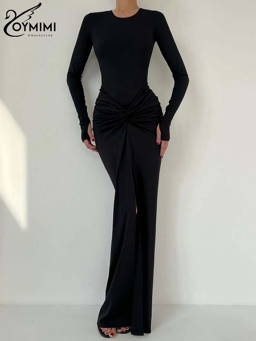 Oymimi Elegant Black O-Neck Dresses For Women Fashion New Slim Long Sleeve Solid Dresses Casual Slit Ankle-Length Skirts Sets