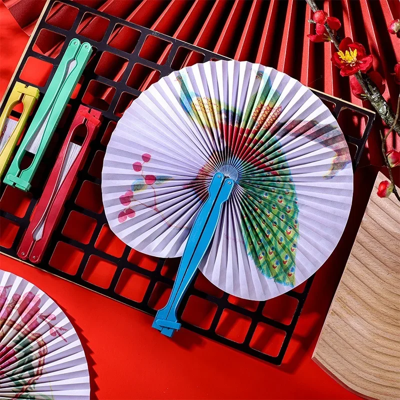 Decorative Fan Chic Female Handheld Fan Chinese Pocket Folding Hand Fan Round Circle Printed Paper Party Decor Gift Wholesale