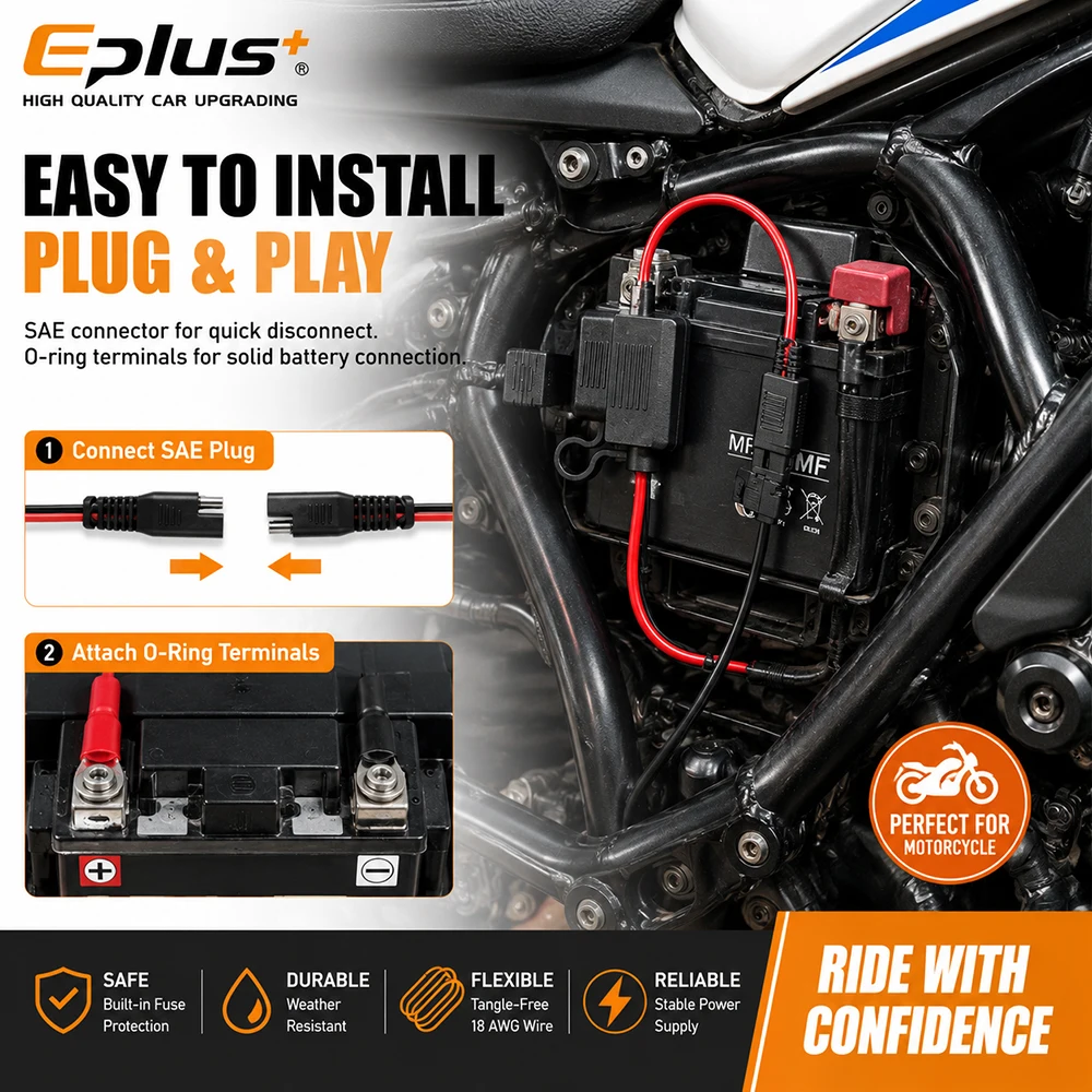 Eplus 10-18AWG 60cm Battery Connection Harness SAE to O Ring Terminal with Built-in Fuse Block for 12V 24V Vehicle & Boat view 6