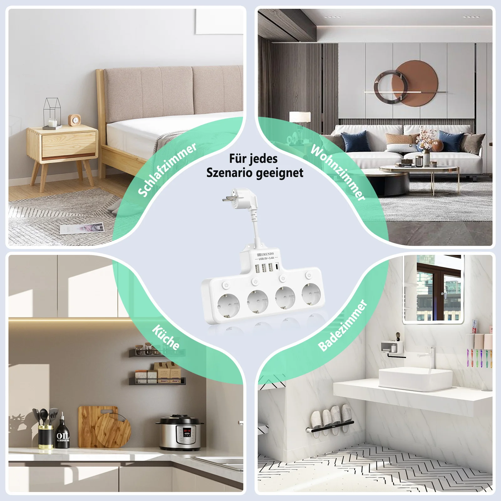 Eu plug multi-contact socket 3/4/5AC+USB-C and Type-C fast charging ports home power socket with switching surge protector image 6