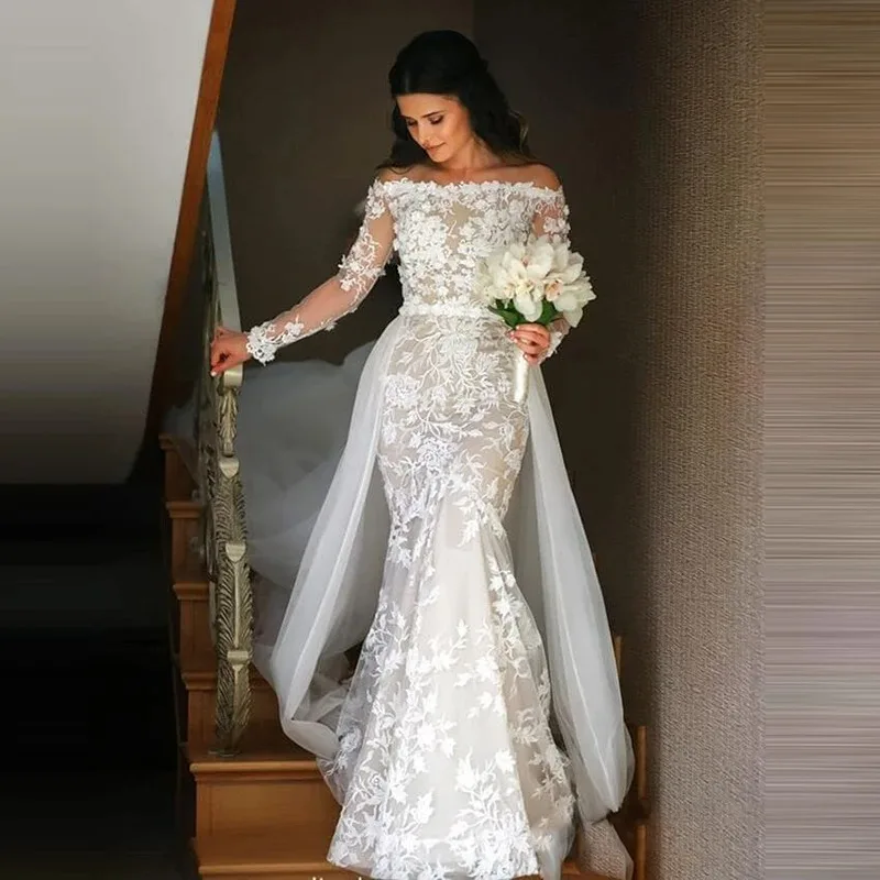 Maßgeschneidertes Brautkleid im Meerjungfrau-Stil 2026 mit abnehmbarer Schleppe, schulterfreie Brautkleider mit langen Ärmeln und Spitzenapplikationen