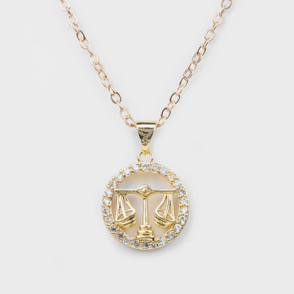 12 Zodiac Signs Constellation Necklaces Gold Color Shining Zircon Libra Symbol Pendant Necklaces For Women Men Amulet Collar