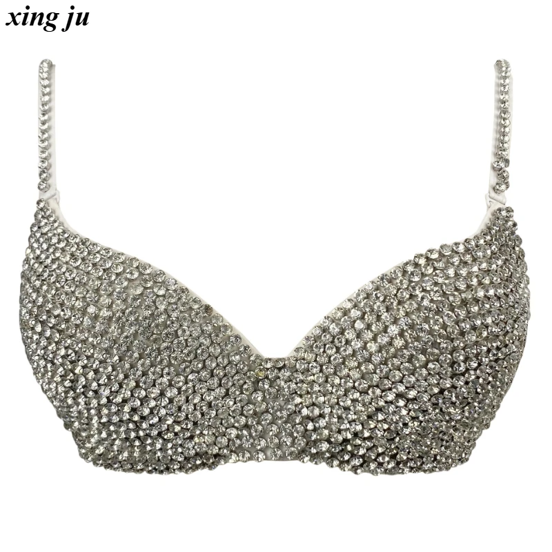 Xing Ju Frauen Jazz Dance Sexy Diamant Sling Cropped Tops Mode Ärmelloses Korsett Strass Stricken Weste Nachtclub DJ Bühne Tragen