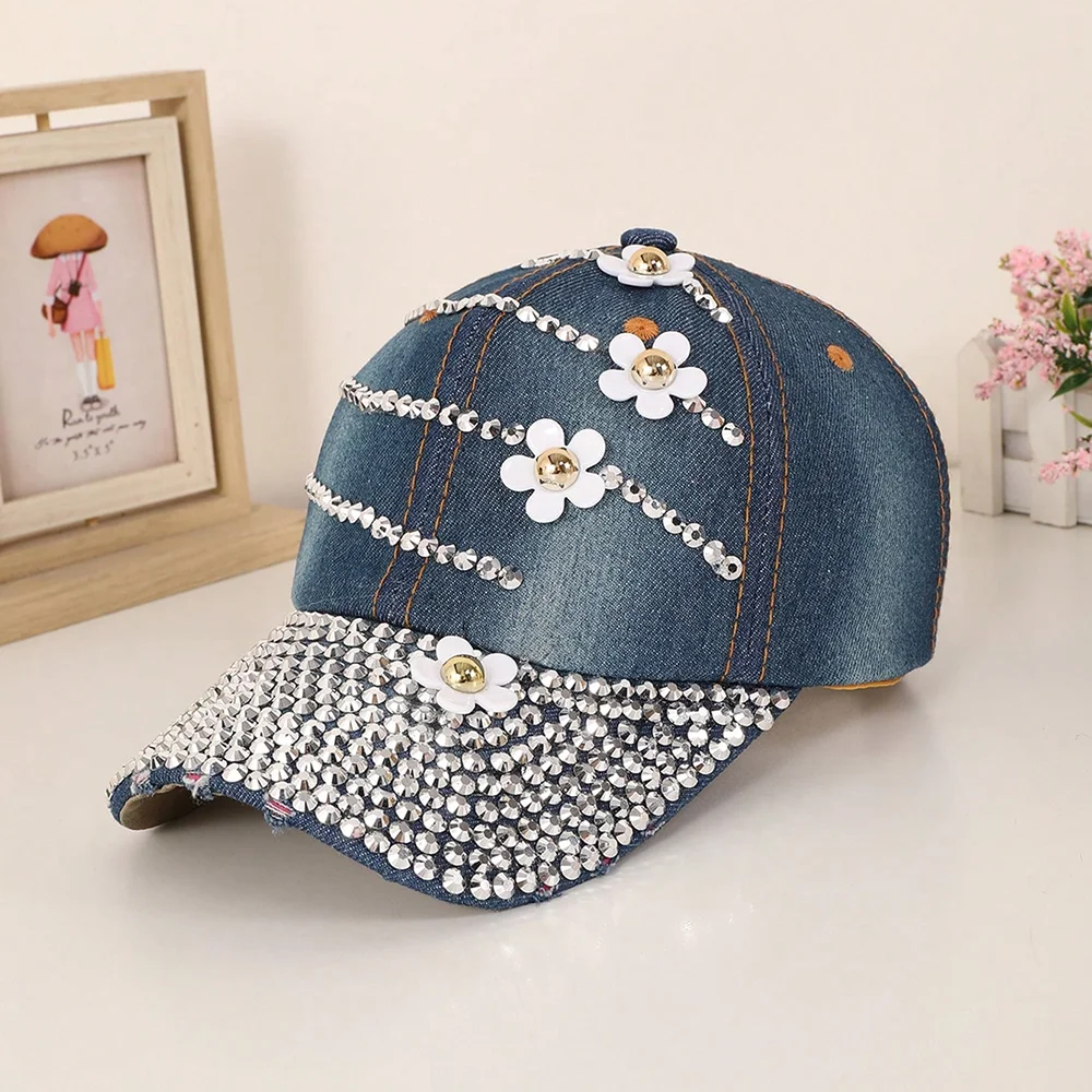 Cap with full diamond-shaped curved sequin strips and flower pattern, denim baseball cap, for shopping and taking photos