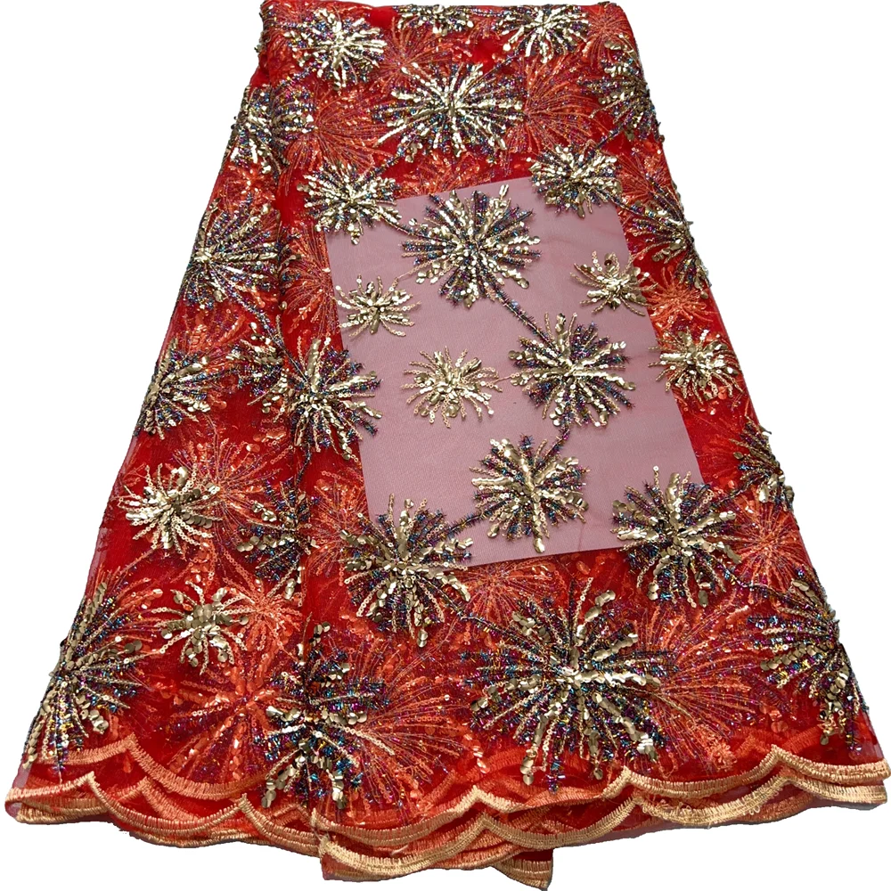 

French Tulle Lace Fabric High Quality Nigeria African Mesh Sequined Colored thread Lace Fabric for Women Wedding Dresses A3862