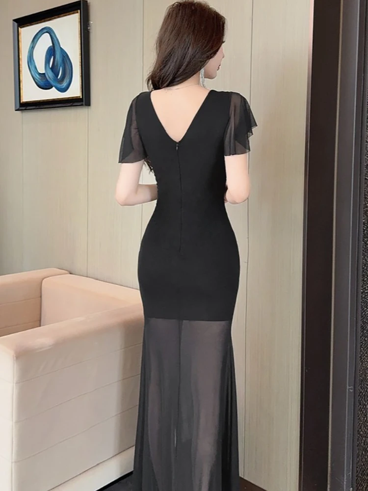 Vestido largo transparente de malla negra de verano para mujer, vestido Sexy de manga corta con cuello en V para discoteca, vestido de noche coreano Vintage Hepburn 2025