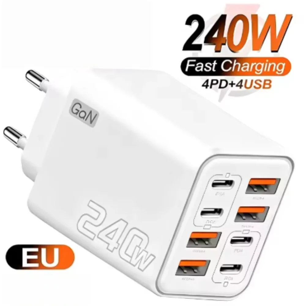 8 in 1 GaN Desktop USB Phone Charger 240W PD Fast Charger 4PD 4USB For iPhone 16 15 Pro Samsung Xiaomi EU US Plug Power Adapter