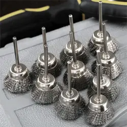 10 sztuk/partia 25MM metalowa szczotka do polerowania do akcesoriów Dremel narzędzia obrotowe 3mm trzonek stalowy druciany miseczki do szlifierki