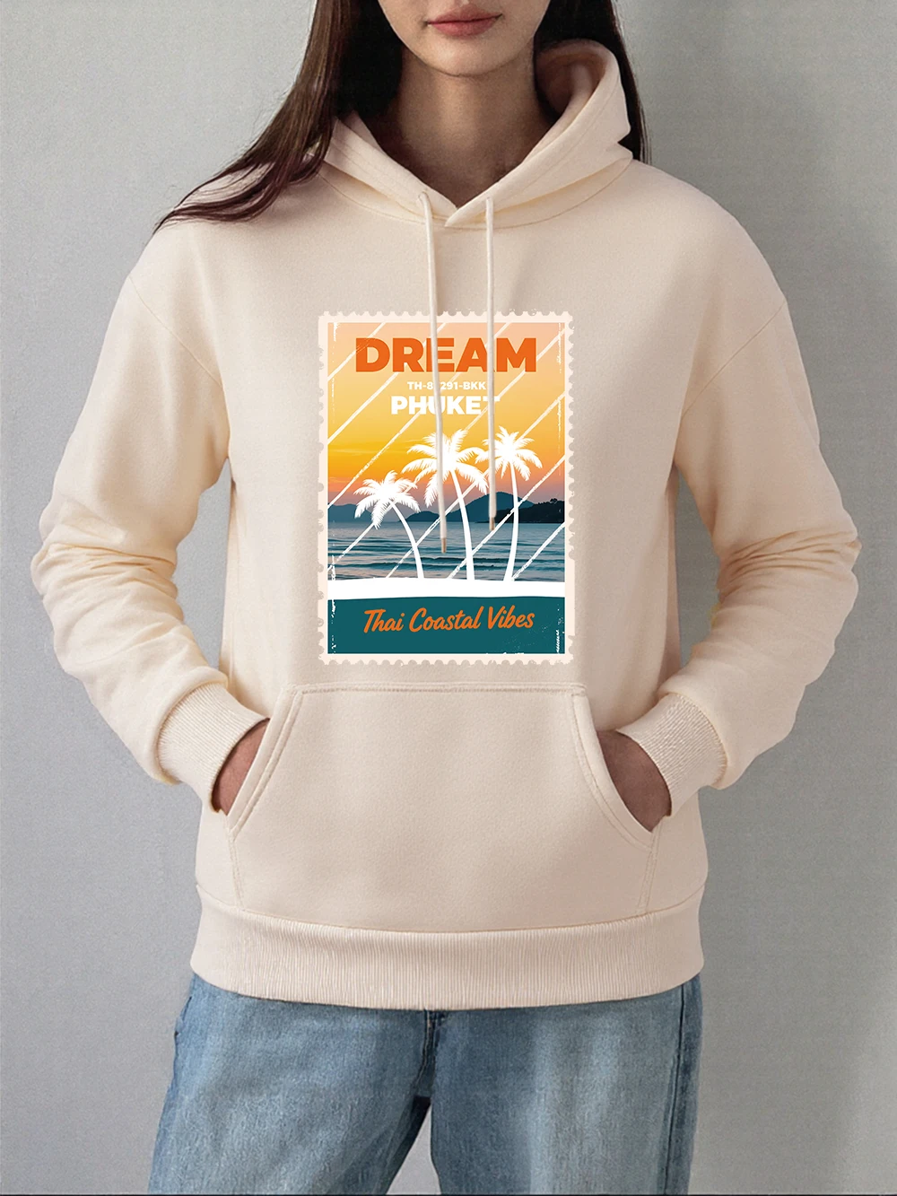 プーケットタイ沿岸バイブプリントパーカー女性の冬フリース暖かいスウェットシャツカジュアルポケットプルオーバー快適なルーズ服