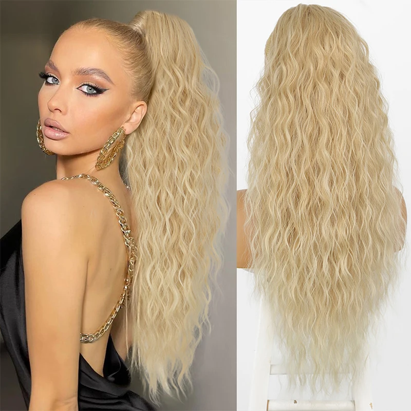 Extensions de queue de cheval ondulées synthétiques pour femmes, postiche longue vague d\'eau, faux cheveux blonds, Wstring de proximité bouclé