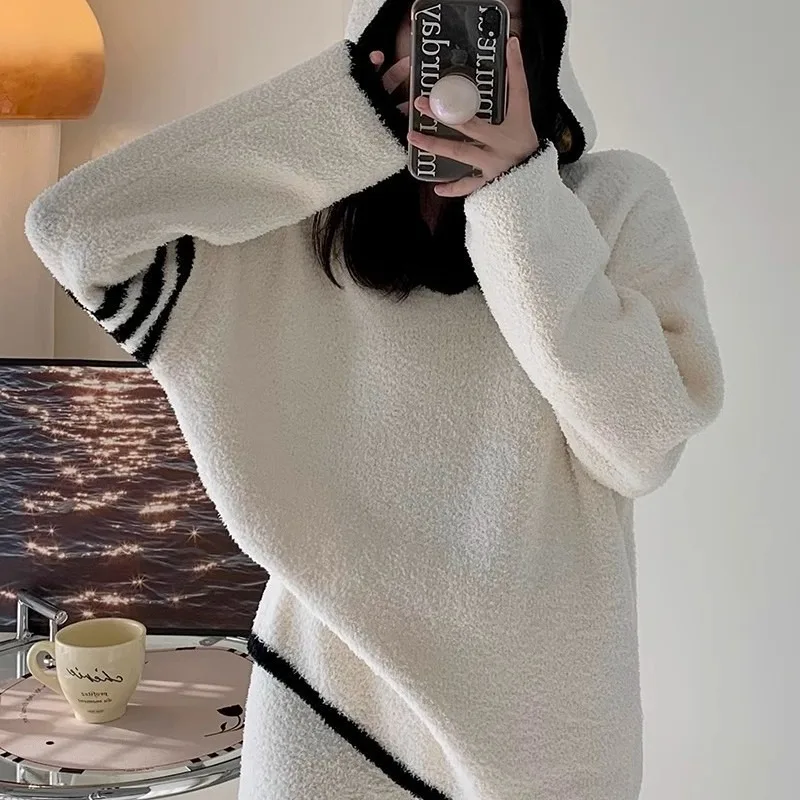 

Women's Autumn Winter Korean Style Coral Fleece Pajama Set Thickened Long Sleeves Trousers Cozy Flannel Loungewear Indoor XXL