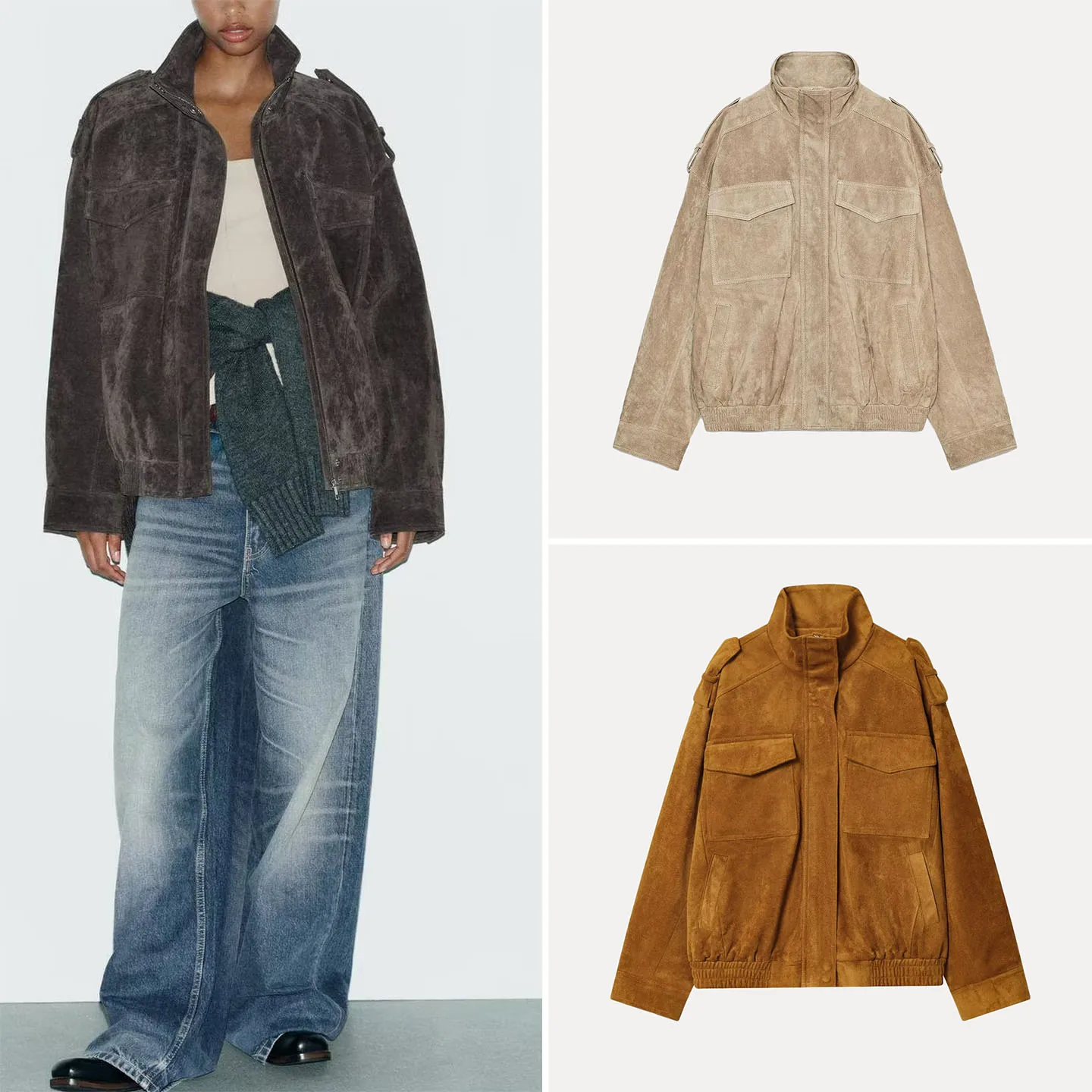 Jaqueta de Couro Versátil Fena Outono 2025, Estilo Casual, Ajuste Padrão, Manga Longa, Fechamento com Zíper, Casaco Curto