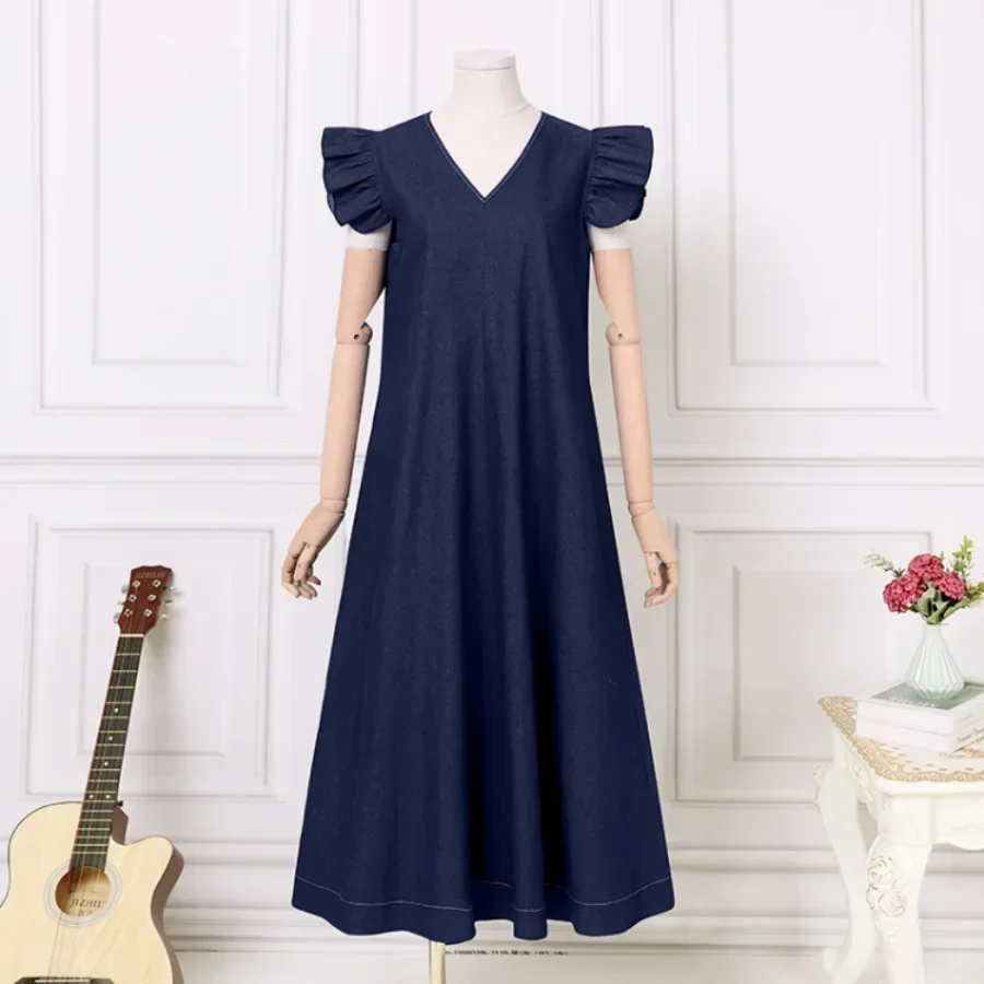 2025 ผู้หญิงฤดูร้อน DENIM ชุดวินเทจเกาหลีแขนยาว Robe หญิงสบายๆ A-Line Dress Vestidos