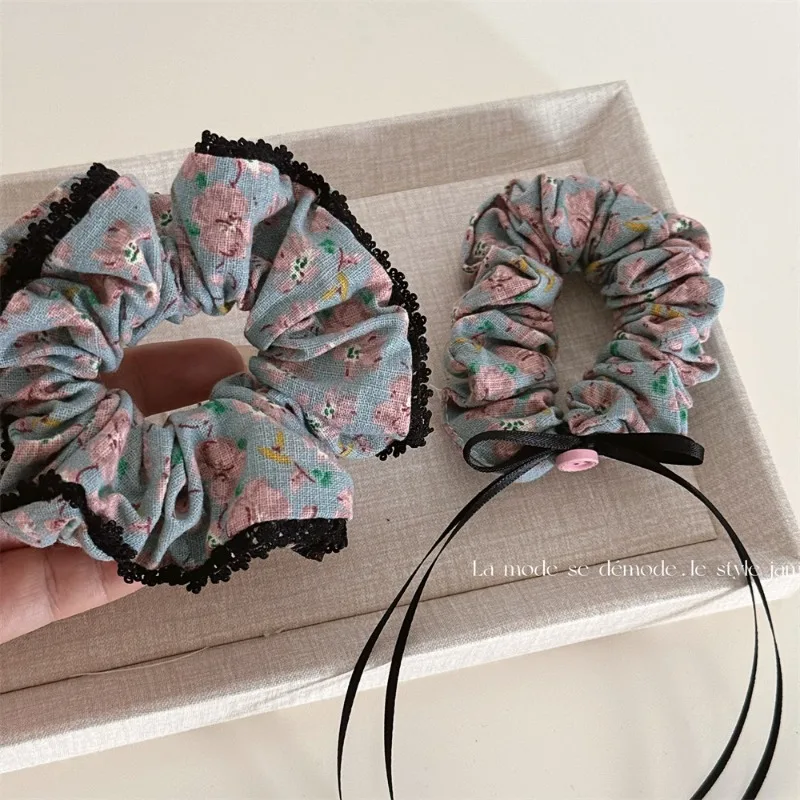 Blue background pink flower bow lace large intestine hair loop fabric low ponytail ball headband hairs accessory new style