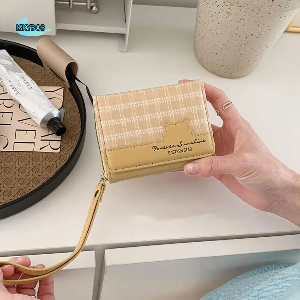 

Waterproof Cute Cat Wallet Korean Style Multiple Card Slots Hanging Wrist Bag Large Capacity Solid Color Plaid Coin Pouch School