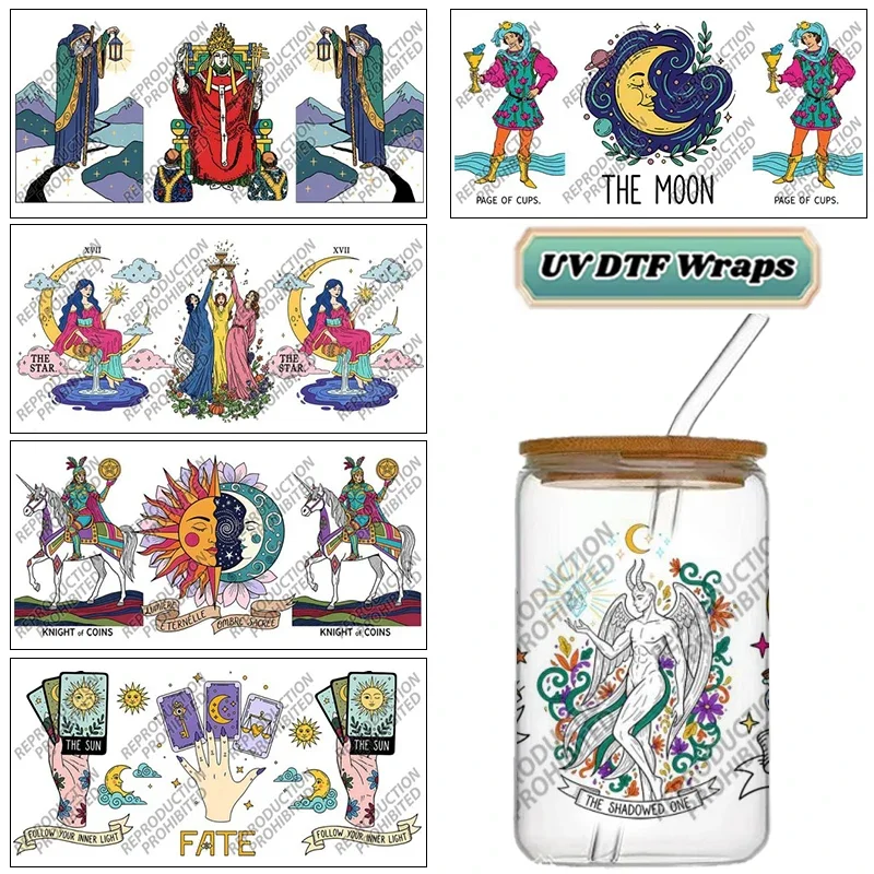 Mystical Tarot Card High-Quality Wraps 16oz Glass Cup UV DTF Wrap Transfer Decals Esoteric Divination Decor Supplies
