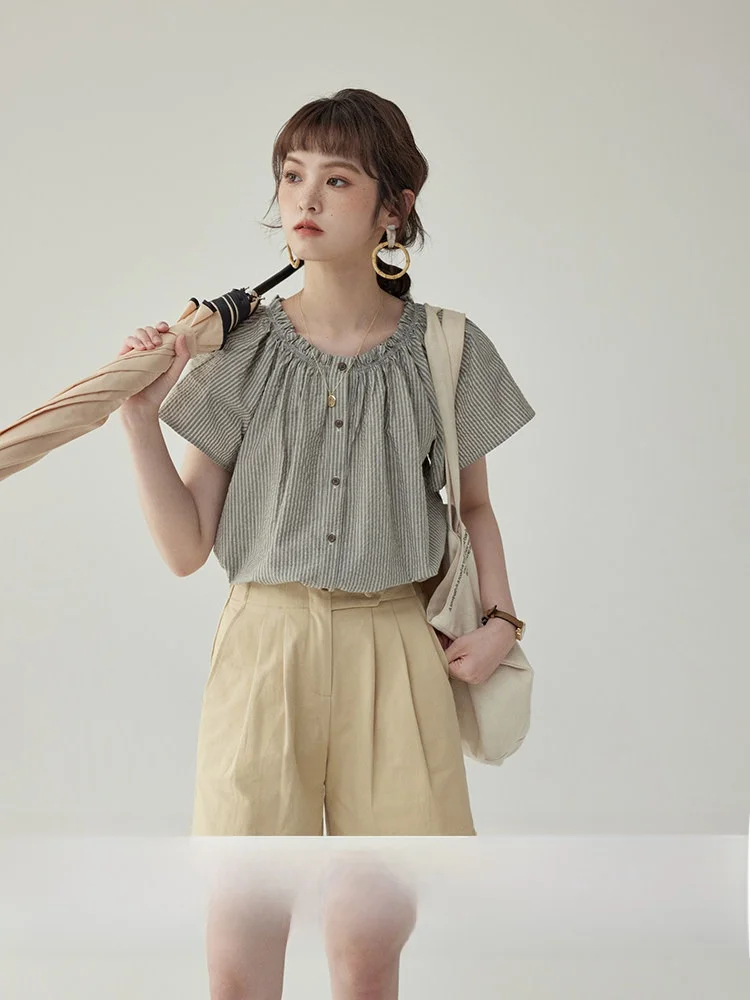 

Милая женская летняя рубашка с деревянной отделкой, модная, 100% хлопок, с коротким рукавом, на пуговицах