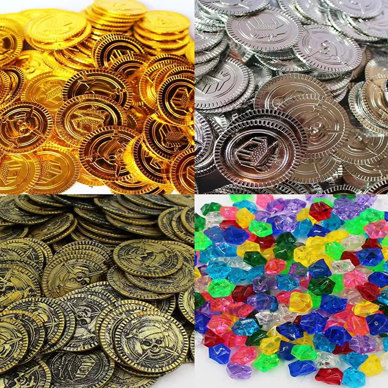 Pirate Treasure Chests Fake Gold Silver Copper Coins Gemstones Plastic Acrylic Toys Children Kids Gifts Halloween Party Props view 6