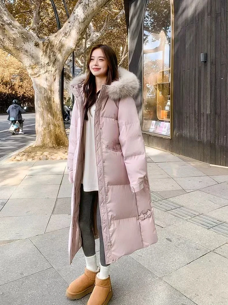 Winter Women Cotton-padded Clothes New Long Over-the-knee Big Fur Collar Hooded Down Jacket Female Long Cold-proof Warm Coat