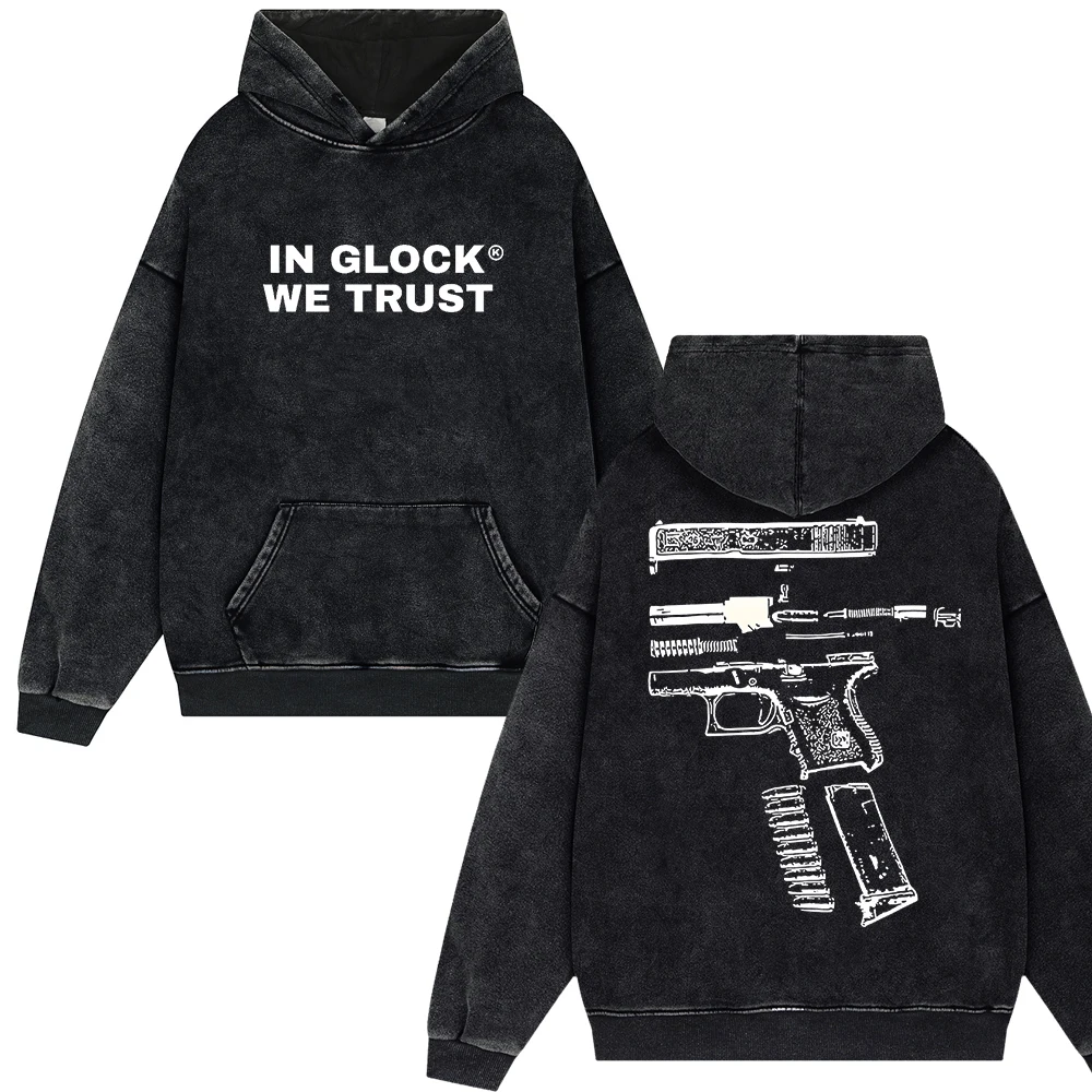 IN GLOCK WE TRUST Letter Print Punk Style Vintage Washed Hoodies Men Oversize Y2k Hip Hop Streetwear Top Harajuku Loose Pullover