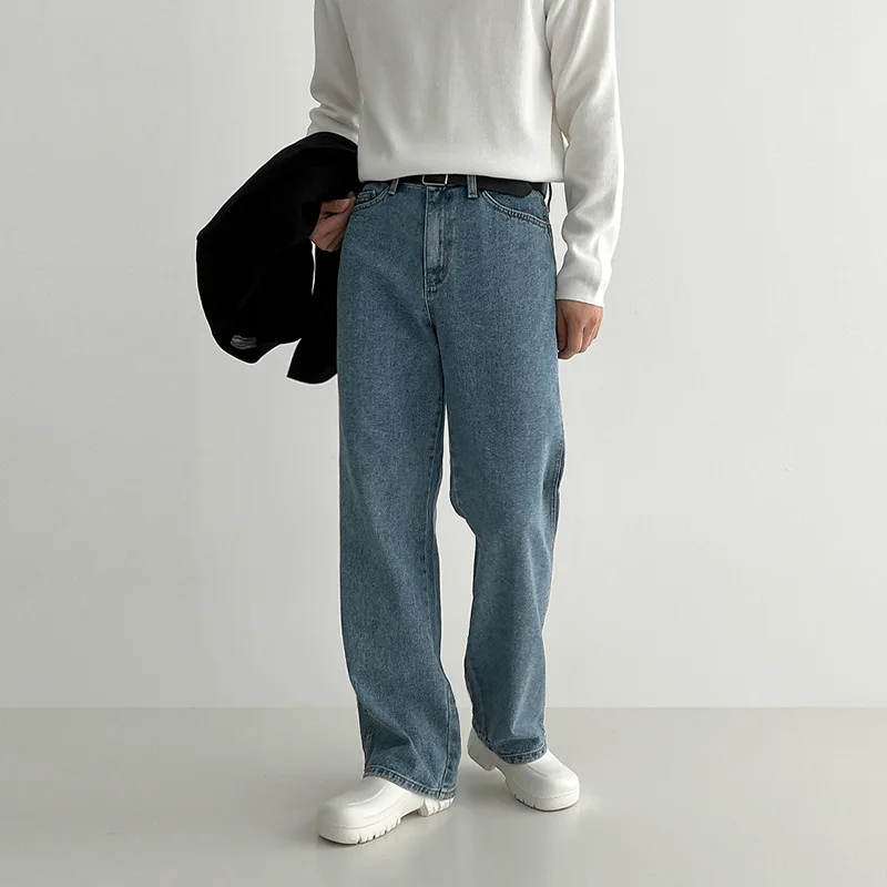 

Spring Autumn New Fashion Men's Blue Solid Color Loose Straight Wide Leg Casual Trendy Jean Trousers Male Vintage Denim Pants