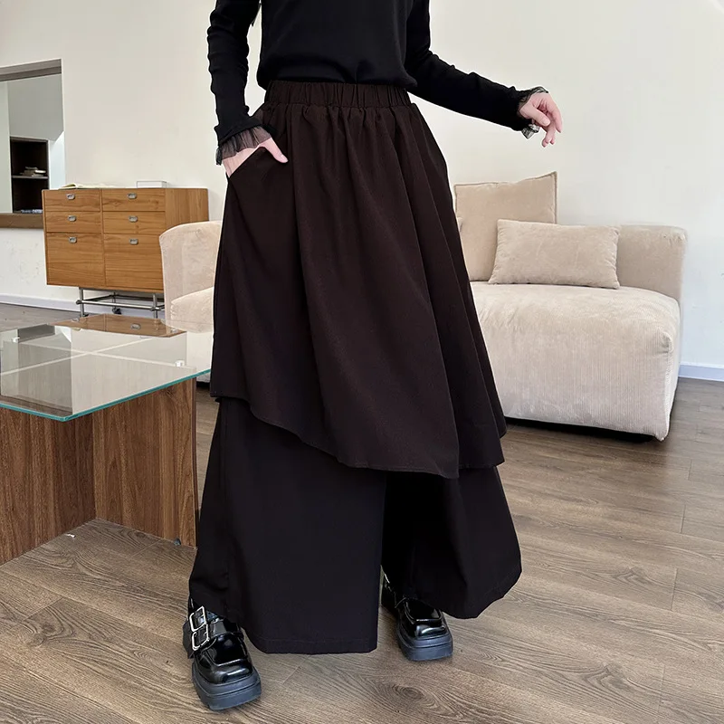 Women's Patchwork Irregular Fake Two Piece Wide Leg Pants Trendy Fashion High Waist Slim Fit Elastic Waist Side Pocket Trousers