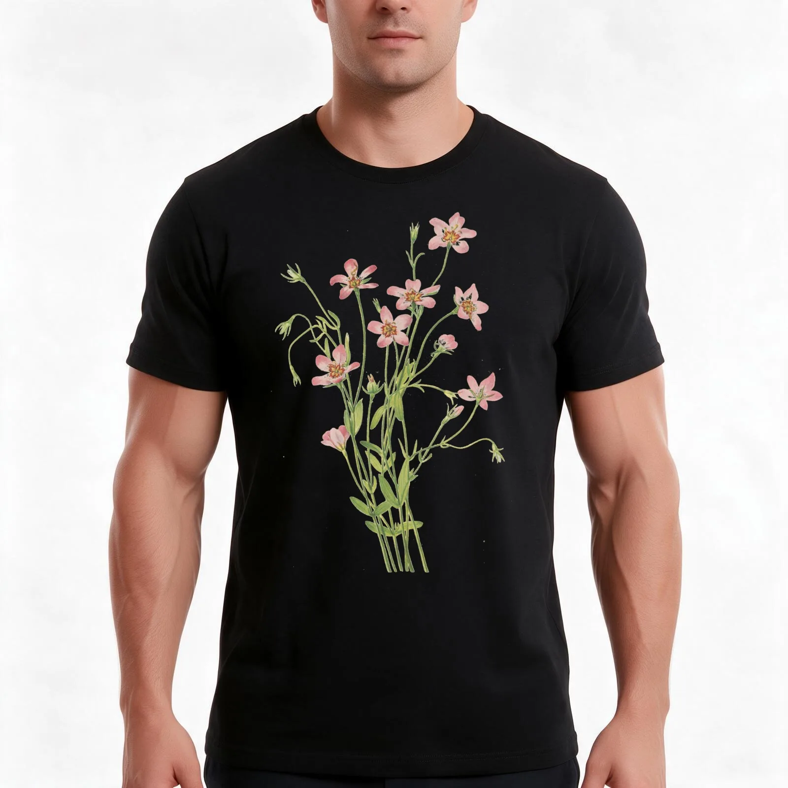 Vintage Botanical Flower Art - Salt-marsh pink - Rose-gentian - Sabatia stellaris T-Shirt, Summer Casual Cotton Tee, 100% Cotton