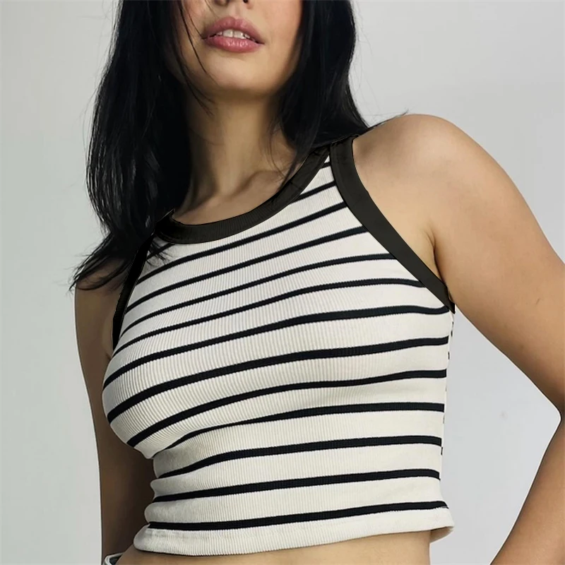 Women's summer short sleeveless knitted vest with stripes, slimming, outerwear, base layer, bodycon, INS style