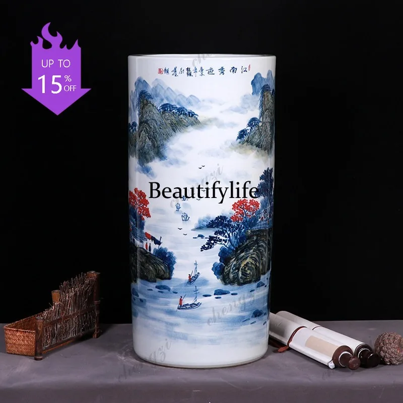 03 Ceramic hand-painted floor quiver large vase Chinese study living room painting cylinder scroll ornament