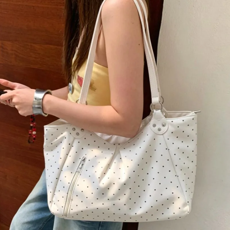 Korean Women Shoulder Bag Vintage Polka Dot Commuter Tote Bag Large Capacity PU Leather Underarm Handbags for School Daily Use