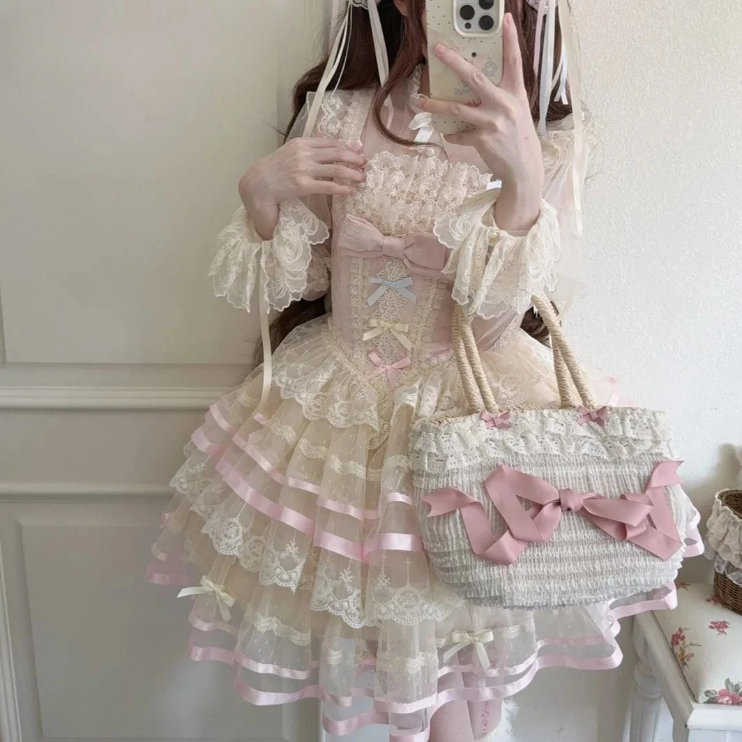

Новые летние универсальные милые кружевные платья без рукавов с бантом для девочек, японский оригинальный дизайн, утягивающее платье в стиле Лолиты с высокой талией JSK на бретелях