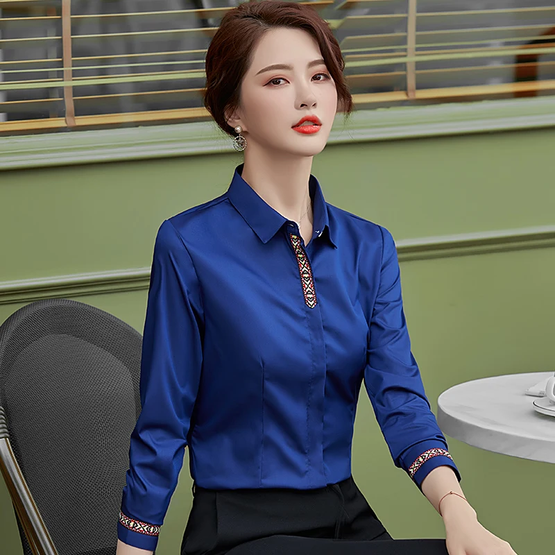 Blue Shirt Women New Spring Fashion Temperament Formal Long Sleeve Slim Blouses Office Ladies Work Tops White