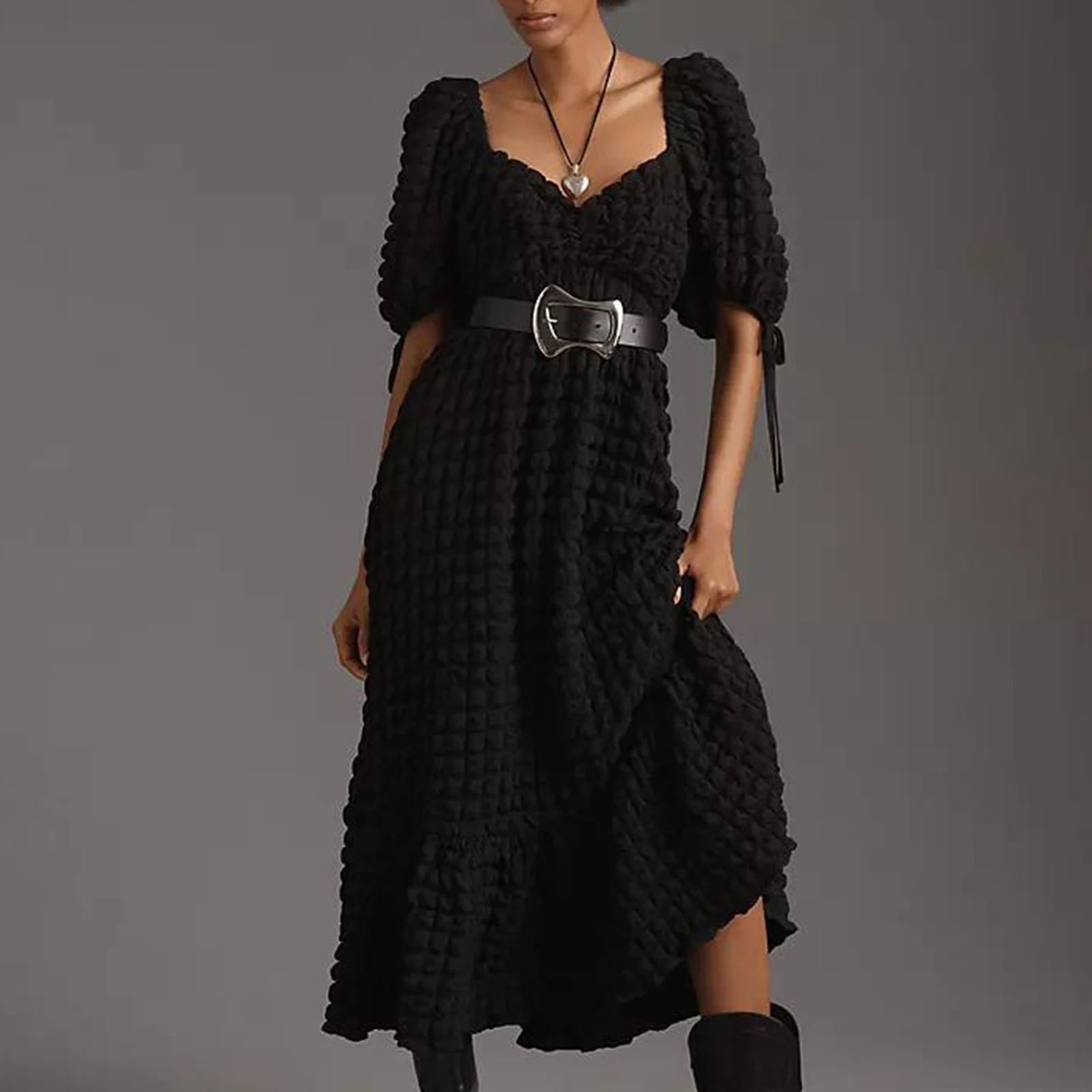 Combhasaki-Vestido largo de manga abullonada con cordón para mujer, ropa con textura de burbuja, Espalda descubierta, escote en forma de corazón, dobladillo con volantes, estilo Y2K