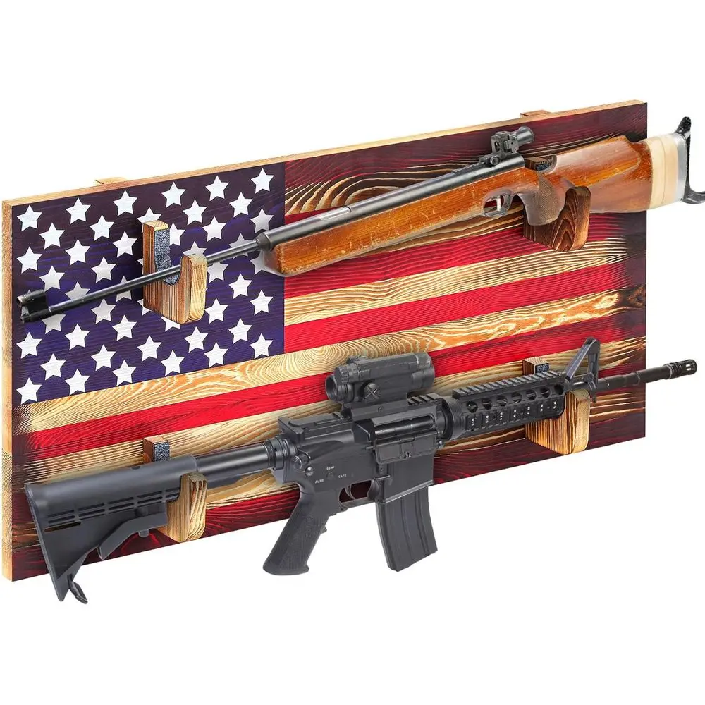 

Настенная деревянная стойка для оружия - полка для хранения и демонстрации с патриотическим дизайном для огнестрельного оружия и снаряжения для стрельбы из лука (31,5x16 дюймов, B)