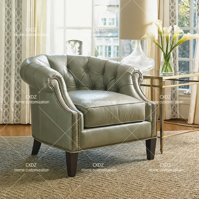 Modern Solid Wood Fabric Lounge Chair Leather Buckle Soft Cushion Balcony Sofa Single Seat