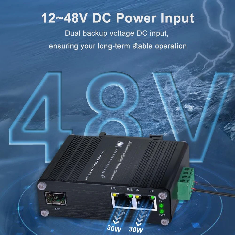 

2 Ports Gigabit PoE Fiber Media Converter SFP Slot Din Rail Mount Fiber Converter Ethernet Media Converter 12~48V DC Input